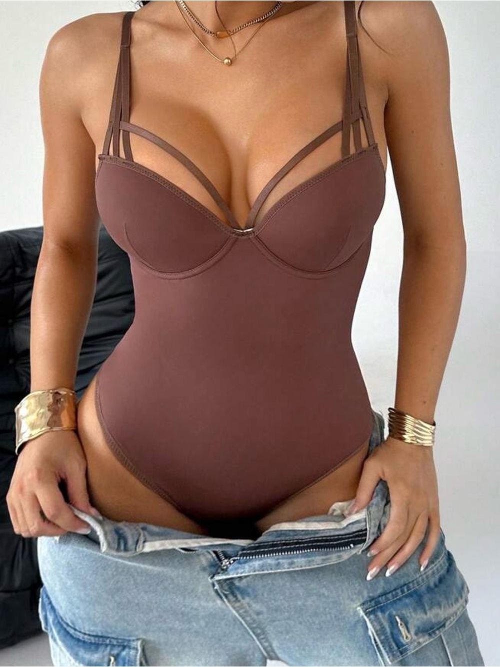 Chic Strappy Brown Bodysuit